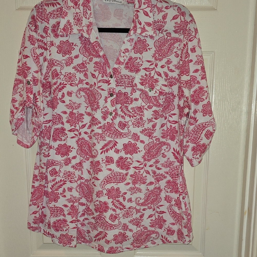 Emily Daniels Pink 3/4 Sleeve‎ Blouse with Mandarin Collar